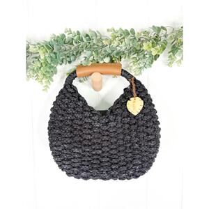 Magid Black Boho Mini Straw Handbag Wooden Handle